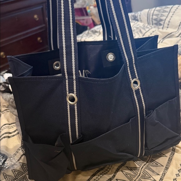 Stylish Black Canvas Tote Bag Navy 31 Thirty one medium storage bag pockets - Picture 2 of 5